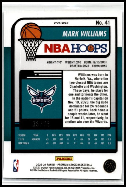 2023-24 Panini Premium Stock White Seismic Prizm #41 Mark Williams Hornets