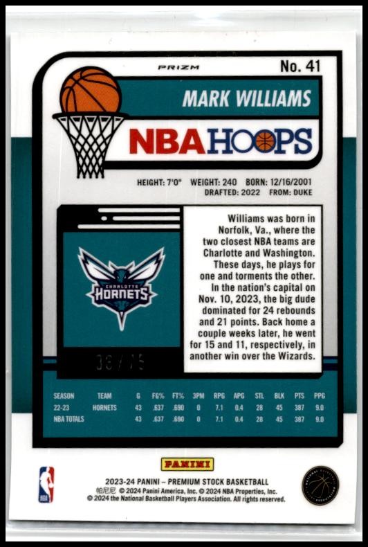 2023-24 Panini Premium Stock White Seismic Prizm #41 Mark Williams Hornets