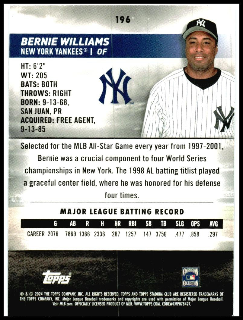 2024 Stadium Club #196 Bernie Williams New York Yankees