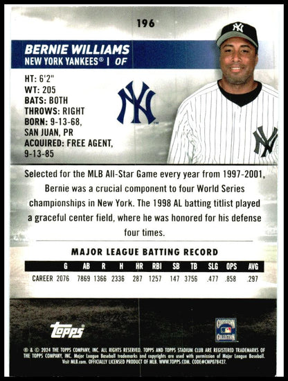 2024 Stadium Club #196 Bernie Williams New York Yankees