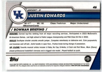 2023-24 Bowman University Chrome #46 Justin Edwards Kentucky Wildcats