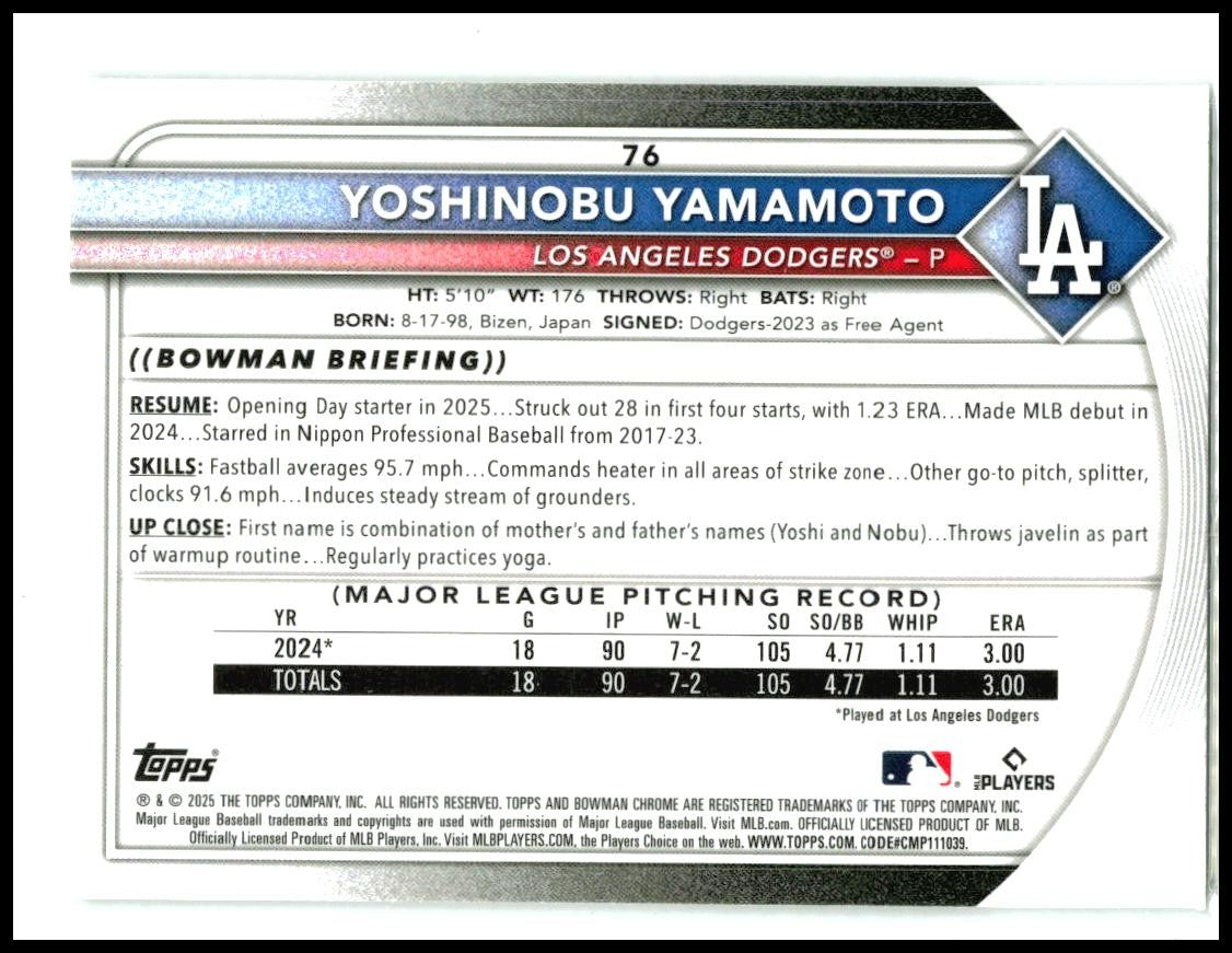 2025 Bowman Chrome Mojo Refractor #76 Yoshinobu Yamamoto Los Angeles Dodgers
