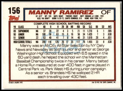 1992 Topps #156 Manny Ramirez Rookie Cleveland Indians