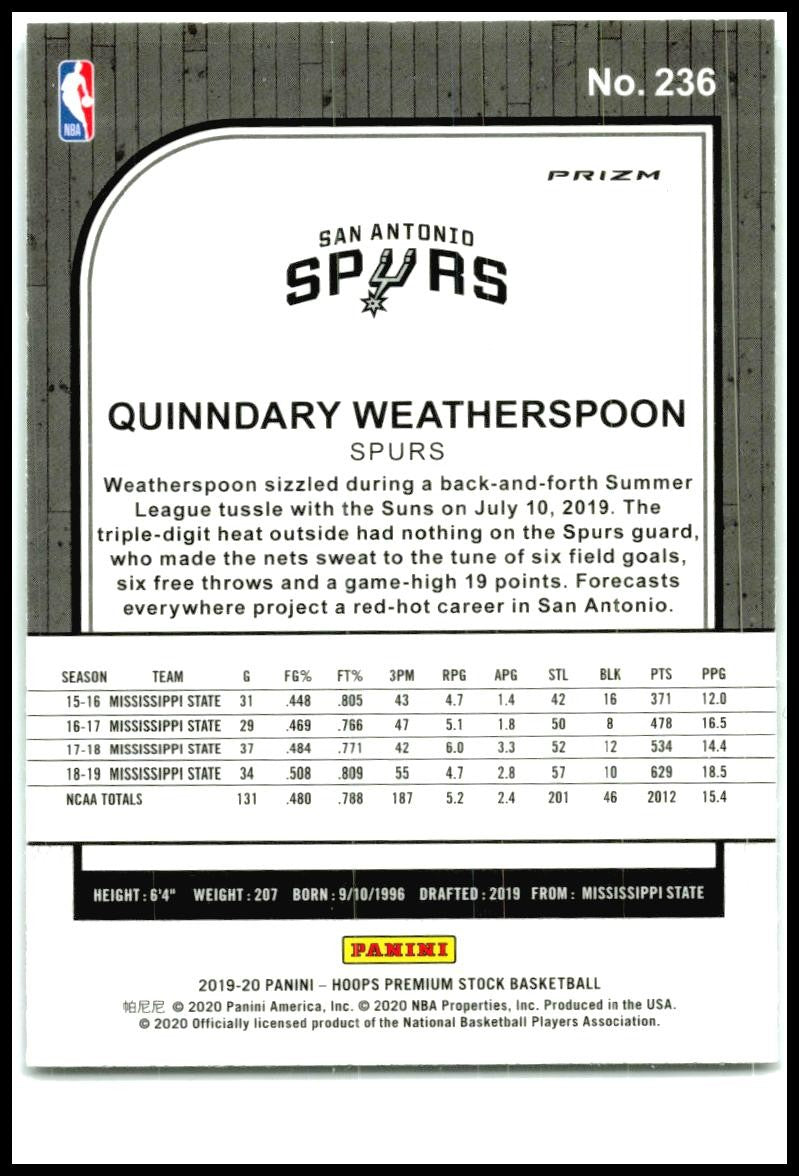 2019-20 Hoops Premium Stock Green #236 Quinndary Weatherspoon Rookie Spurs
