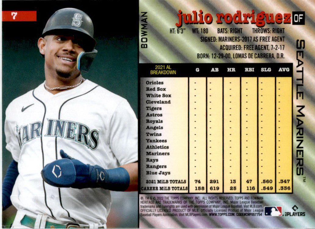 2022 Bowman Heritage #7 Julio Rodriguez Rookie Seattle Mariners