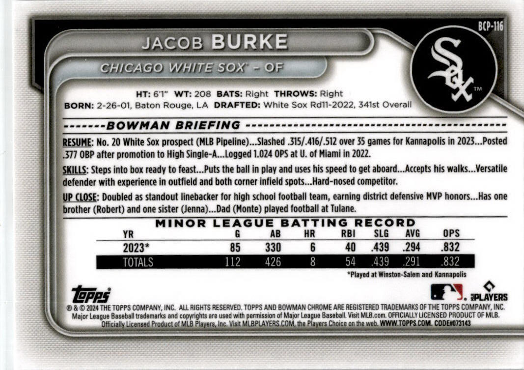 2024 Bowman Chrome Prospects #BCP-116 Jacob Burke Chicago White Sox
