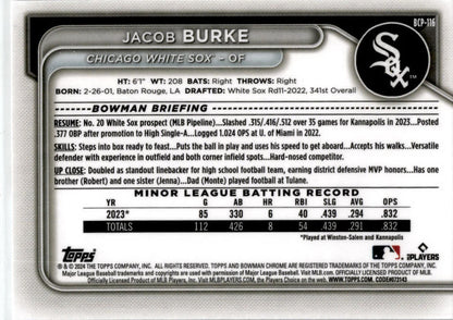 2024 Bowman Chrome Prospects #BCP-116 Jacob Burke Chicago White Sox