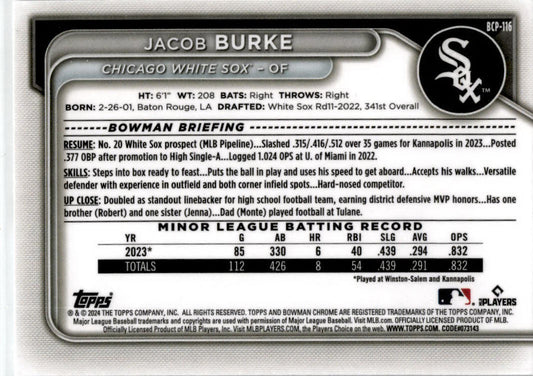 2024 Bowman Chrome Prospects #BCP-116 Jacob Burke Chicago White Sox