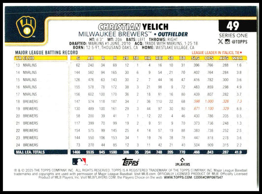 2025 Topps #49 Christian Yelich Milwaukee Brewers