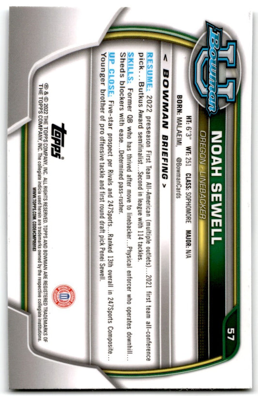 2022 Bowman University Chrome Noah Sewell Oregon Ducks #57