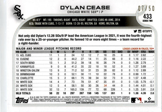 2022 Topps Father's Day Powder Blue #433 Dylan Cease #/50 Chicago White Sox