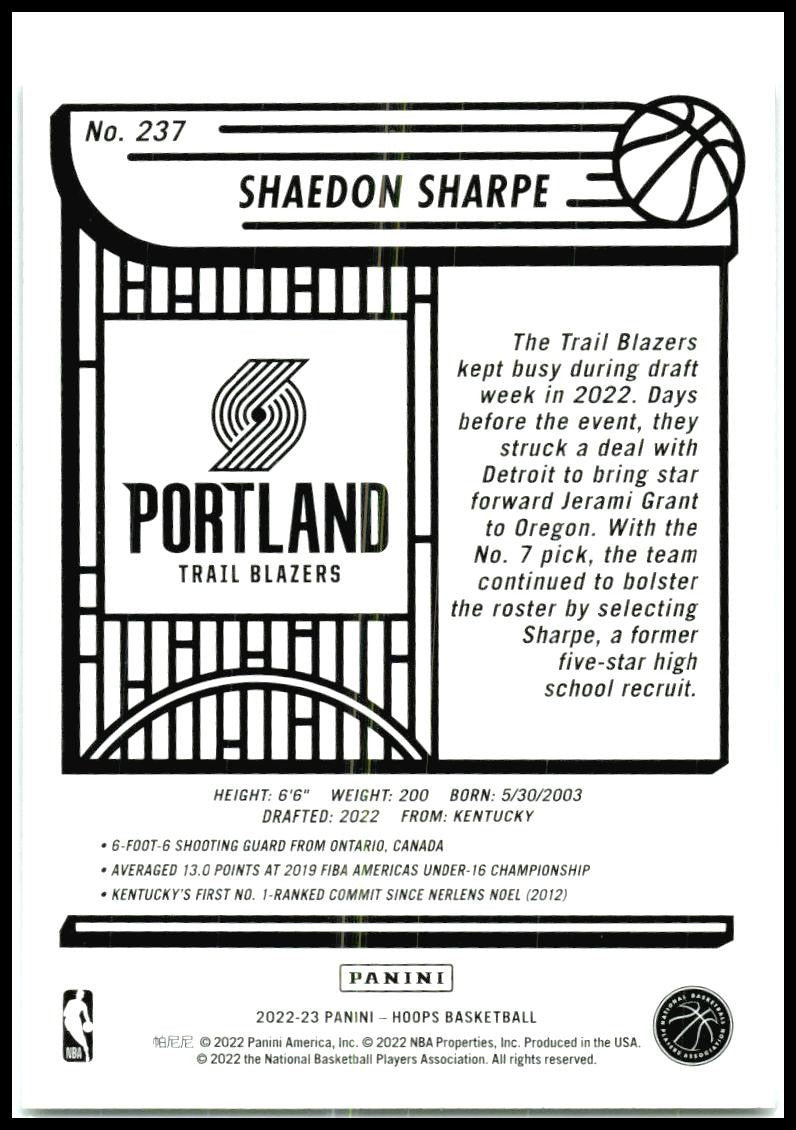 2022-23 Hoops Red Backs #237 Shaedon Sharpe Rookie Portland Trail Blazers