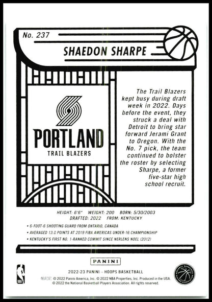 2022-23 Hoops Red Backs #237 Shaedon Sharpe Rookie Portland Trail Blazers