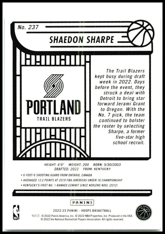 2022-23 Hoops Red Backs #237 Shaedon Sharpe Rookie Portland Trail Blazers