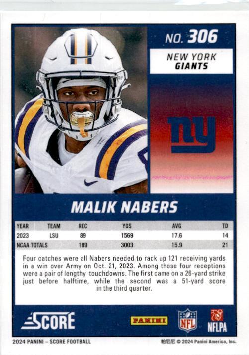 2024 Score Green #306 Malik Nabers Rookie New York Giants