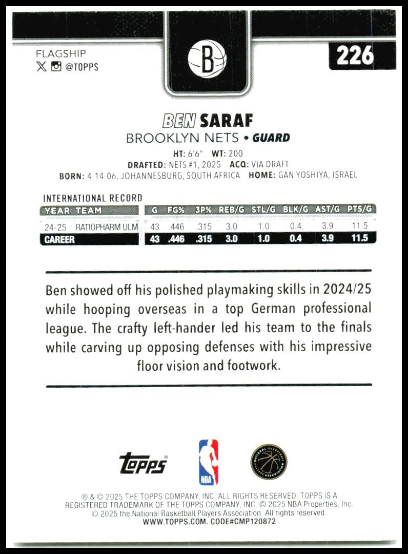2025-26 Topps #226 Ben Saraf Rookie Brooklyn Nets