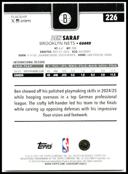 2025-26 Topps #226 Ben Saraf Rookie Brooklyn Nets