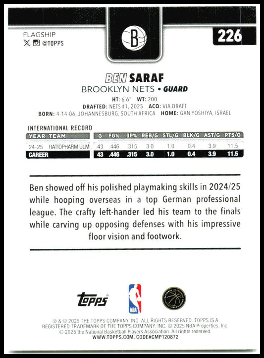 2025-26 Topps #226 Ben Saraf Rookie Brooklyn Nets