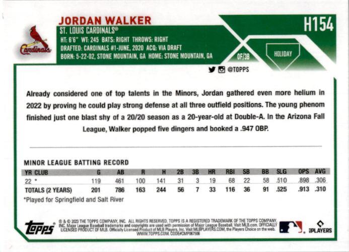 2023 Topps Holiday #H154 Jordan Walker Rookie St. Louis Cardinals