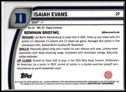 2024-25 Bowman University Chrome Green Shimmer Refractor #27 Isaiah Evans Duke
