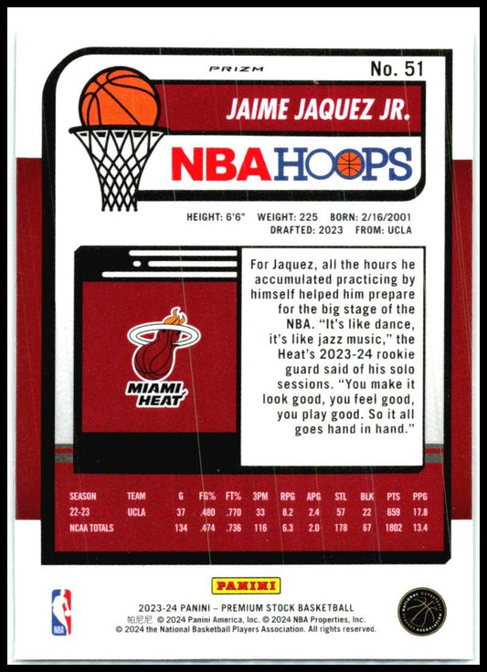 2023-24 Hoops Premium Stock Seismic Prizm #51 Jaime Jaquez Jr. Rookie Miami Heat