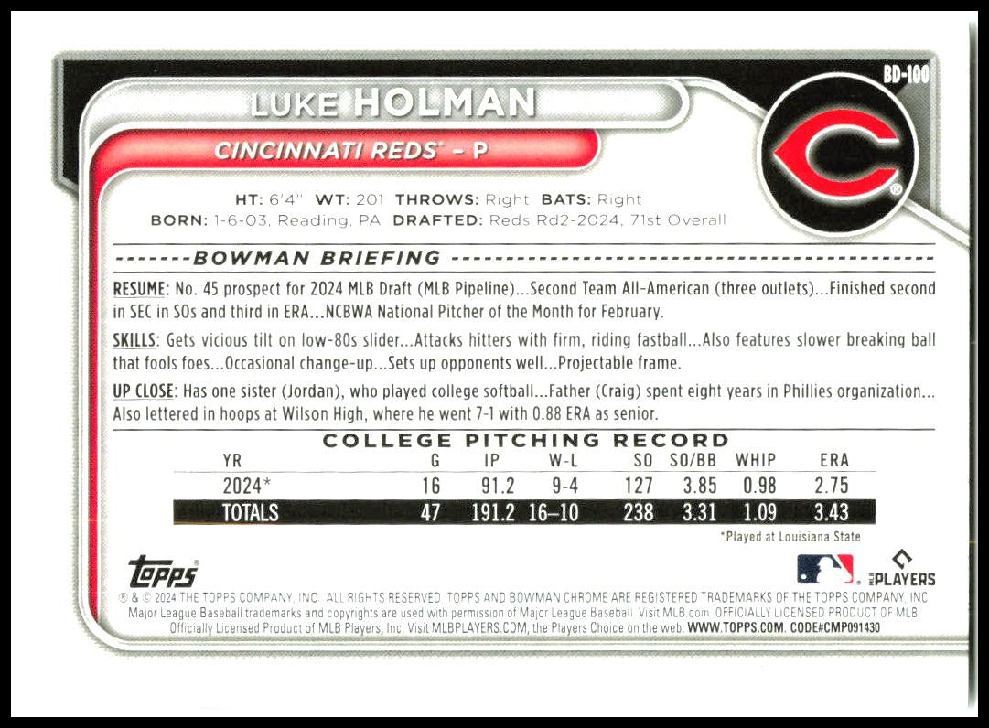 2024 Bowman Draft #BD-100 Luke Holman Cincinnati Reds