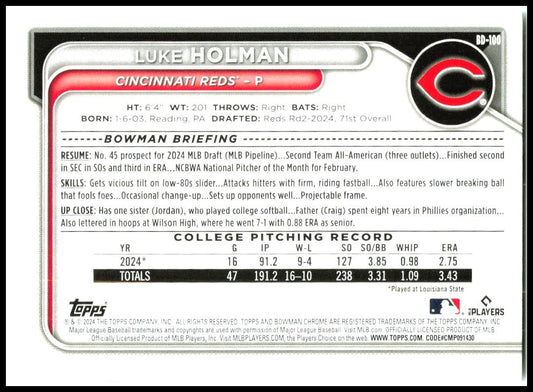 2024 Bowman Draft #BD-100 Luke Holman Cincinnati Reds
