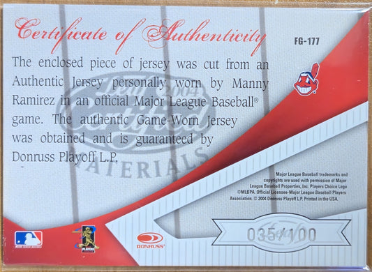 2004 Leaf Certified Materials Fabric of the Game #FG-177 Manny Ramirez Indians