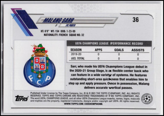 2020-21 Topps Chrome UEFA Champions League #36 Malang Sarr