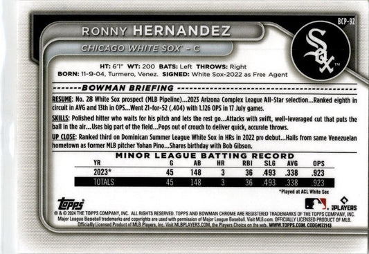 2024 Bowman Chrome #BCP-92 Ronny Hernandez Chicago White Sox