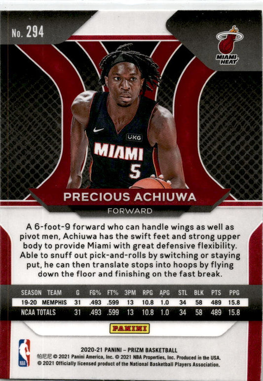 2020-21 Panini Prizm #294 Precious Achiuwa Rookie Miami Heat