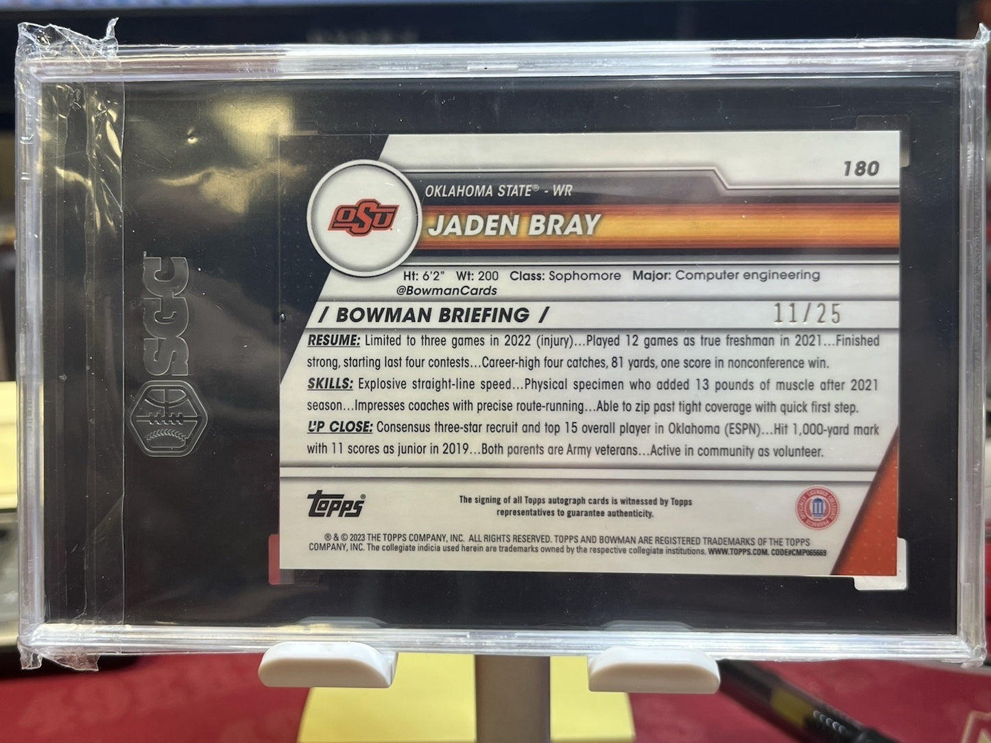 2023 Bowman Chrome U 1st Orange Shimmer #180 Jaden Bray Auto /25 SGC 10 Gem Mint