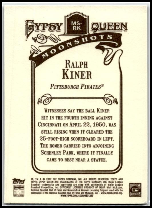 2012 Topps Gypsy Queen Moonshots #MS-RK Ralph Kiner Pittsburgh Pirates