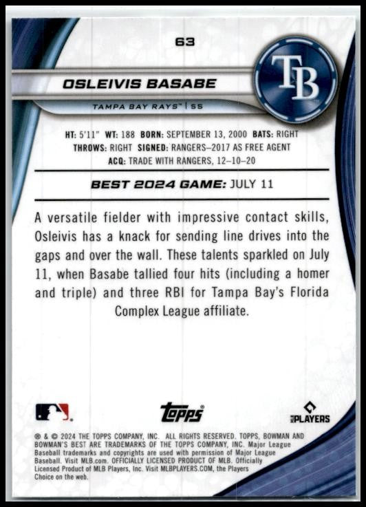 2024 Bowman's Best #63 Osleivis Basabe Rookie Tampa Bay Rays