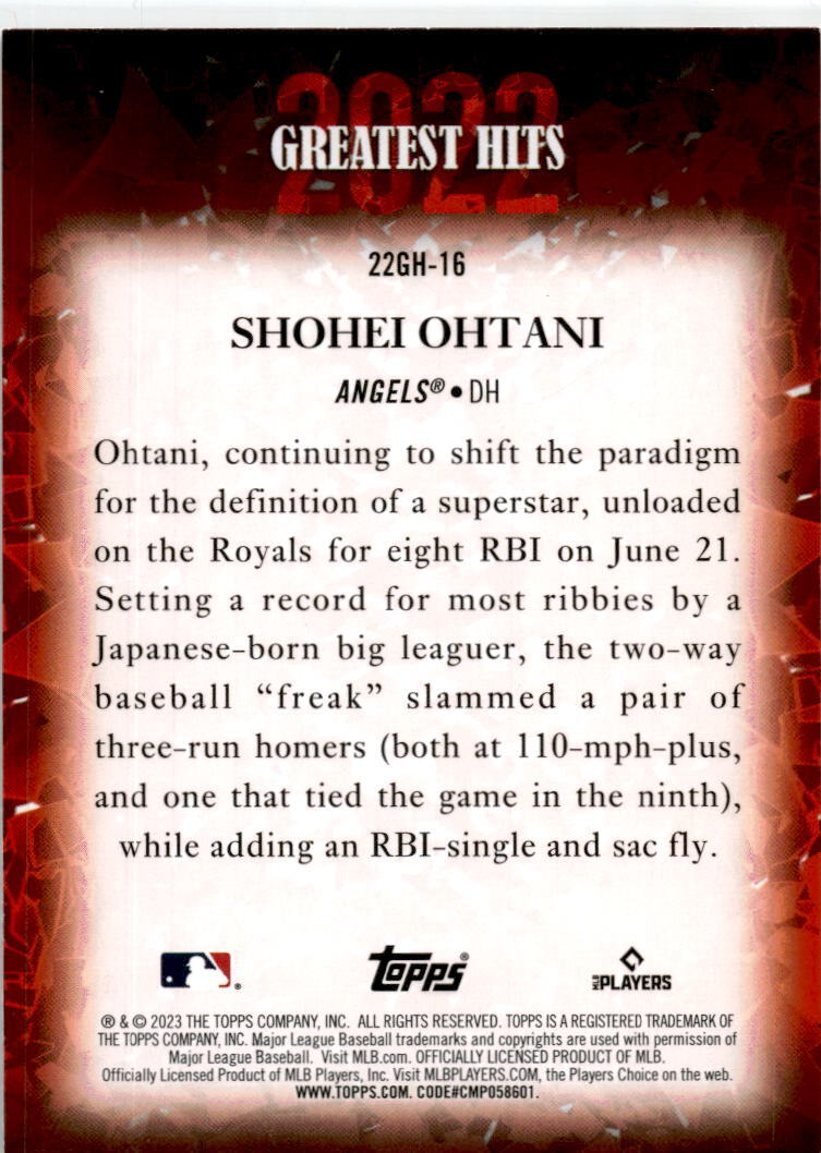 2023 Topps 2022 Greatest Hits #22GH-16 Shohei Ohtani Los Angeles Angels