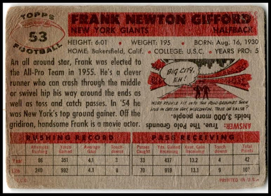 1956 Topps #53 Frank Gifford New York Giants