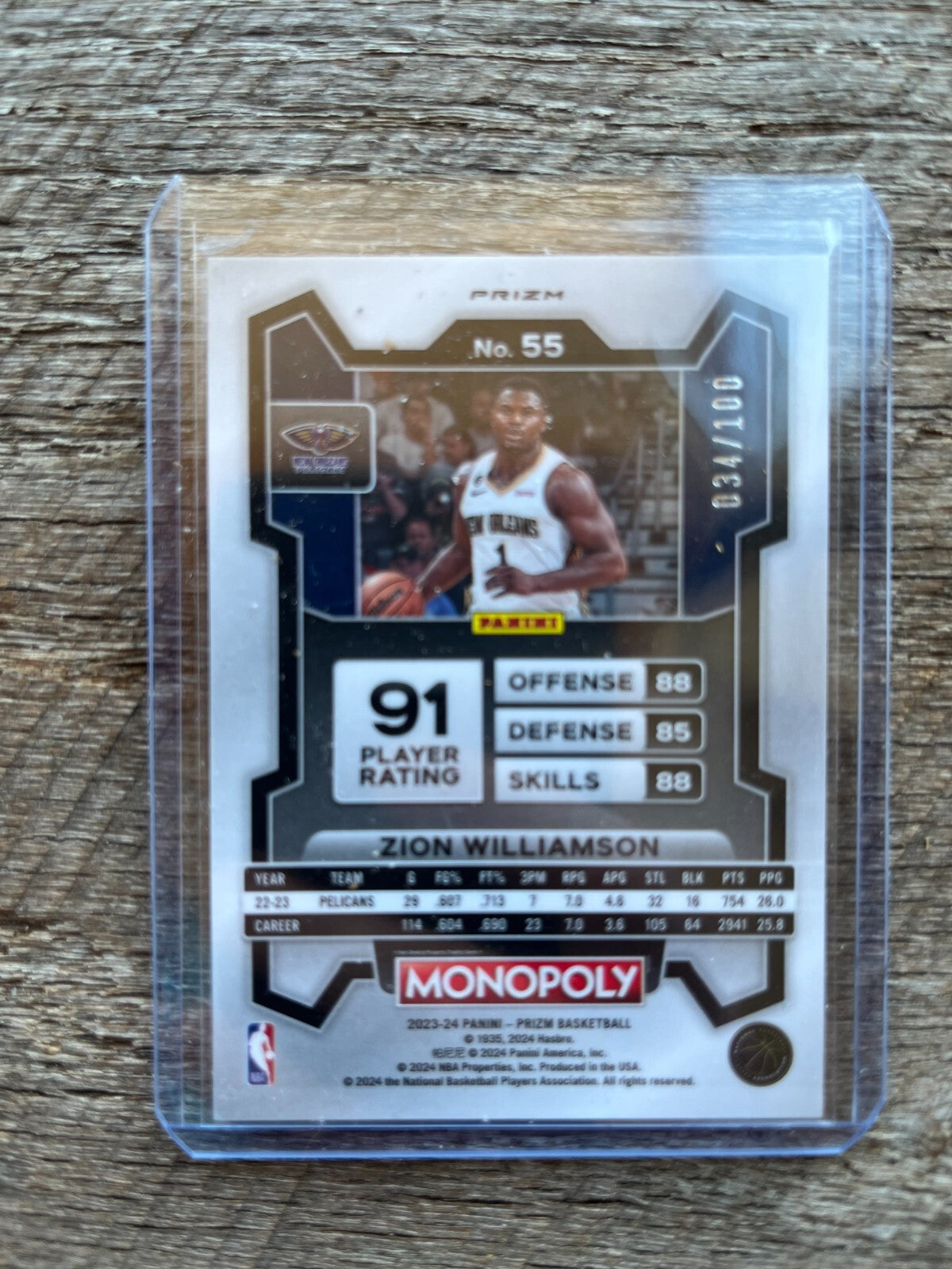 2023-24 Prizm MONOPOLY Red Millionaire Prizm #018 Zion Williamson /100 Pelicans