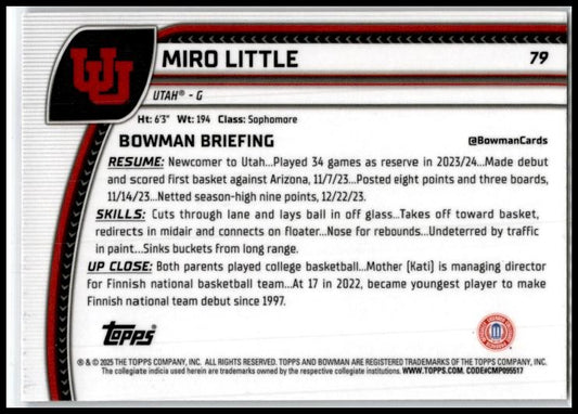 2024-25 Bowman University Chrome Purple Lava Refractor #79 Miro Little Utah Utes