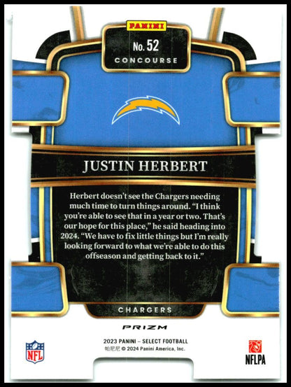 2023 Panini Select Silver Prizms #52 Justin Herbert Los Angeles Chargers