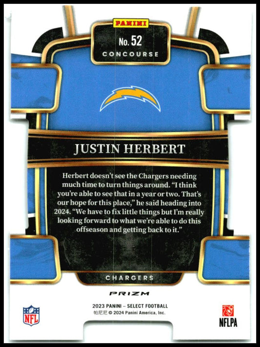 2023 Panini Select Silver Prizms #52 Justin Herbert Los Angeles Chargers