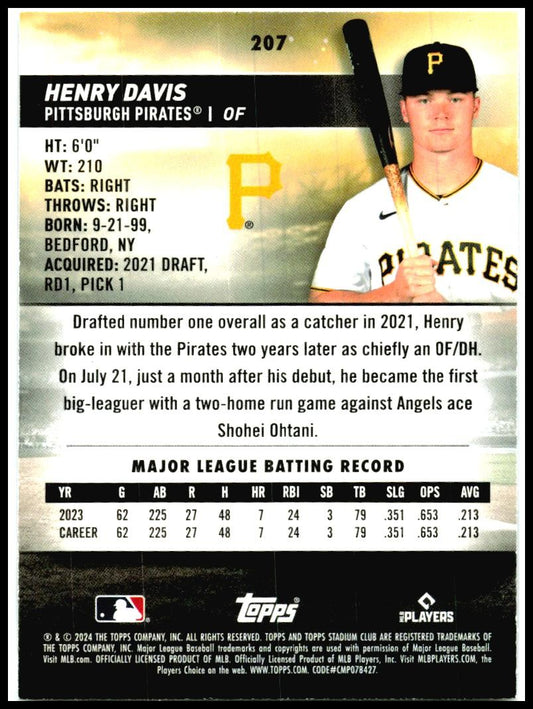 2024 Stadium Club #207 Henry Davis Rookie Pittsburgh Pirates