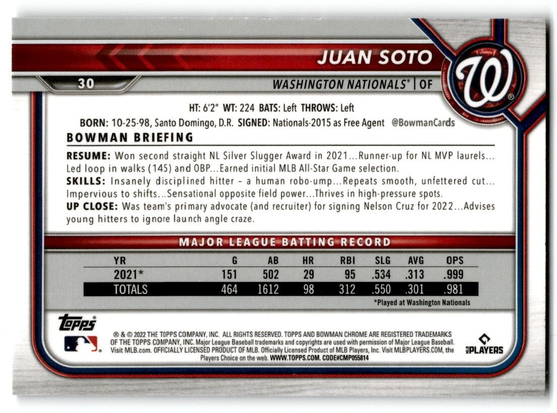 2022 Bowman Chrome Juan Soto Washington Nationals #30