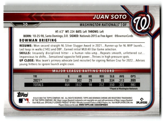 2022 Bowman Chrome Juan Soto Washington Nationals #30