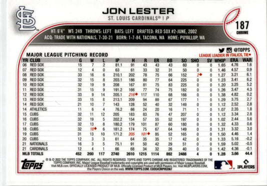 2022 Topps Chrome Prism Refractor #187 Jon Lester St. Louis Cardinals