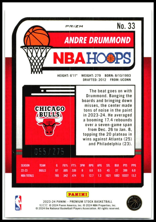 2023-24 Hoops Premium Stock Red Prizm #33 Andre Drummond #/275 Chicago Bulls