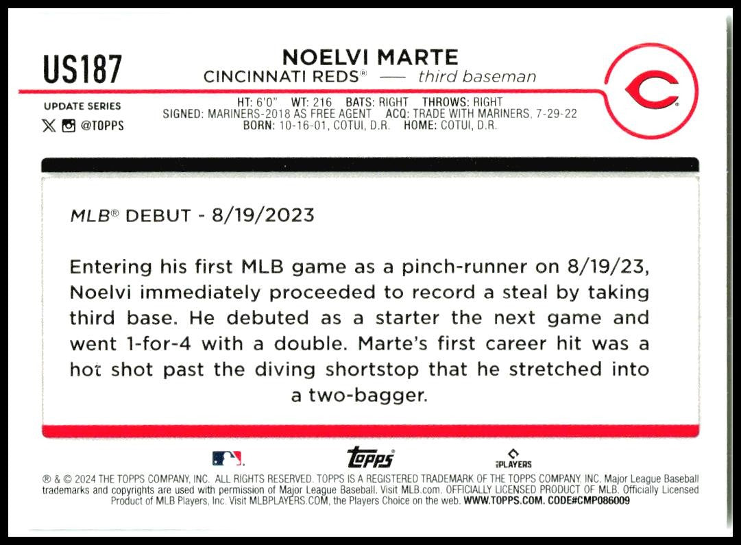 2024 Topps Update #US187 Noelvi Marte Cincinnati Reds