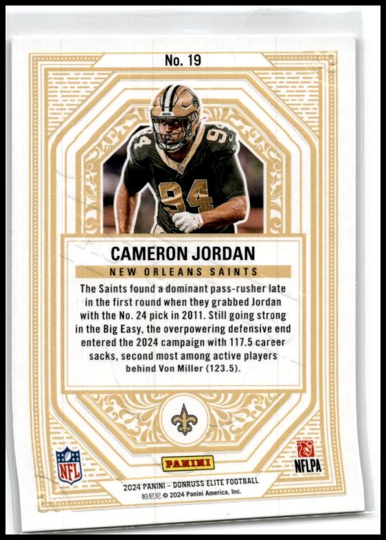 2024 Donruss Elite Elite Deck #19 Cameron Jordan New Orleans Saints