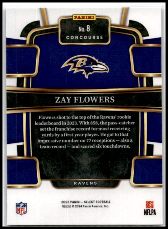 2023 Panini Select #8 Zay Flowers Rookie Baltimore Ravens