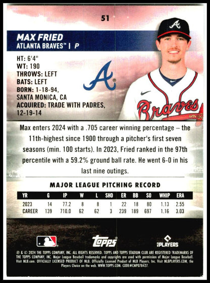 2024 Stadium Club #51 Max Fried Atlanta Braves
