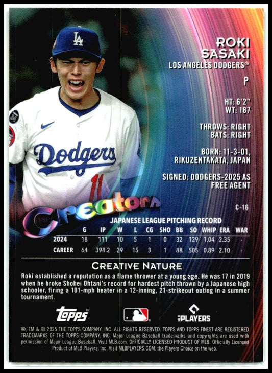 2025 Topps Finest Creatra #C-16 Roki Sasaki Rookie Dodgers